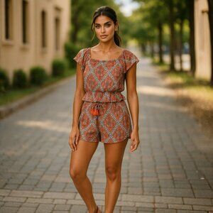 ANTHROPOLOGIE Smocked Short Set M Loungewear Top Ruffles High Waist Shorts